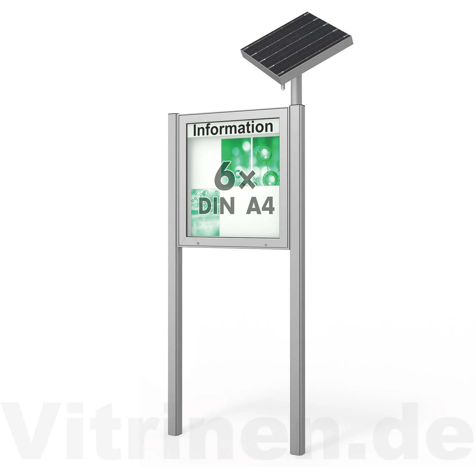 6 x DIN A4 Schaukasten Plenum eckig - der "Klassiker" mit Solar-Modul und Pfosten - Bautiefe 65mm